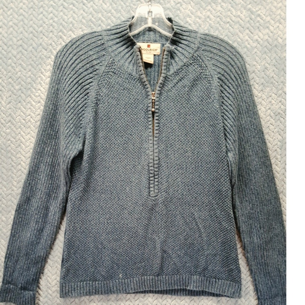 Woolrich Womens Small Indigo Blue Quarter Zip Ramie Cotton Knit Sweater 13535